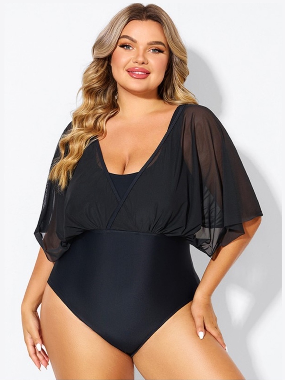 Meet Curve Solid Black Mesh Patchwork One Piece Swimsuit Bathing Suit NWT